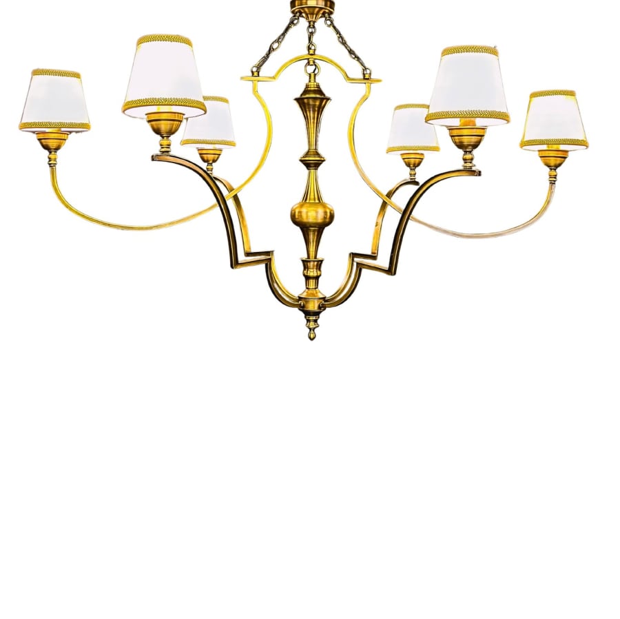 Six-Arm Cartouche Frame Brass Chandelier – Shaded Classic Pendant 80 cm