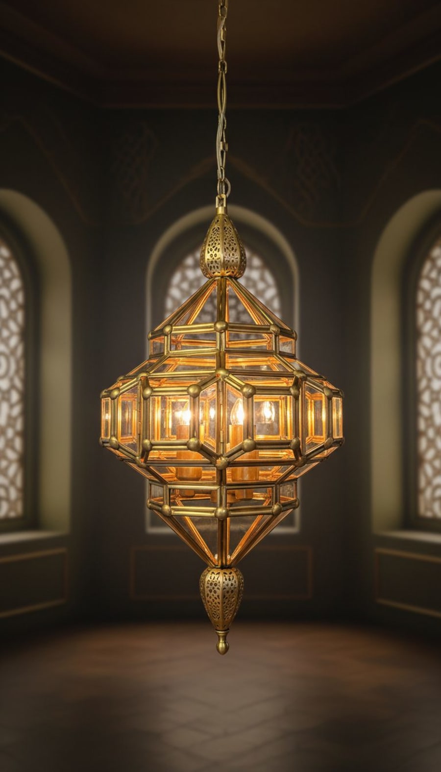 Faceted Glass Diamond Lantern – Brass Cage Moroccan Pendant Ø40 cm