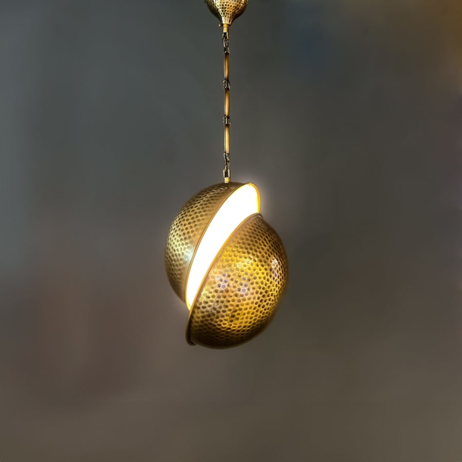 Hammered Brass Sphere Pendant – Offset Cut Modern Light Ø20 cm