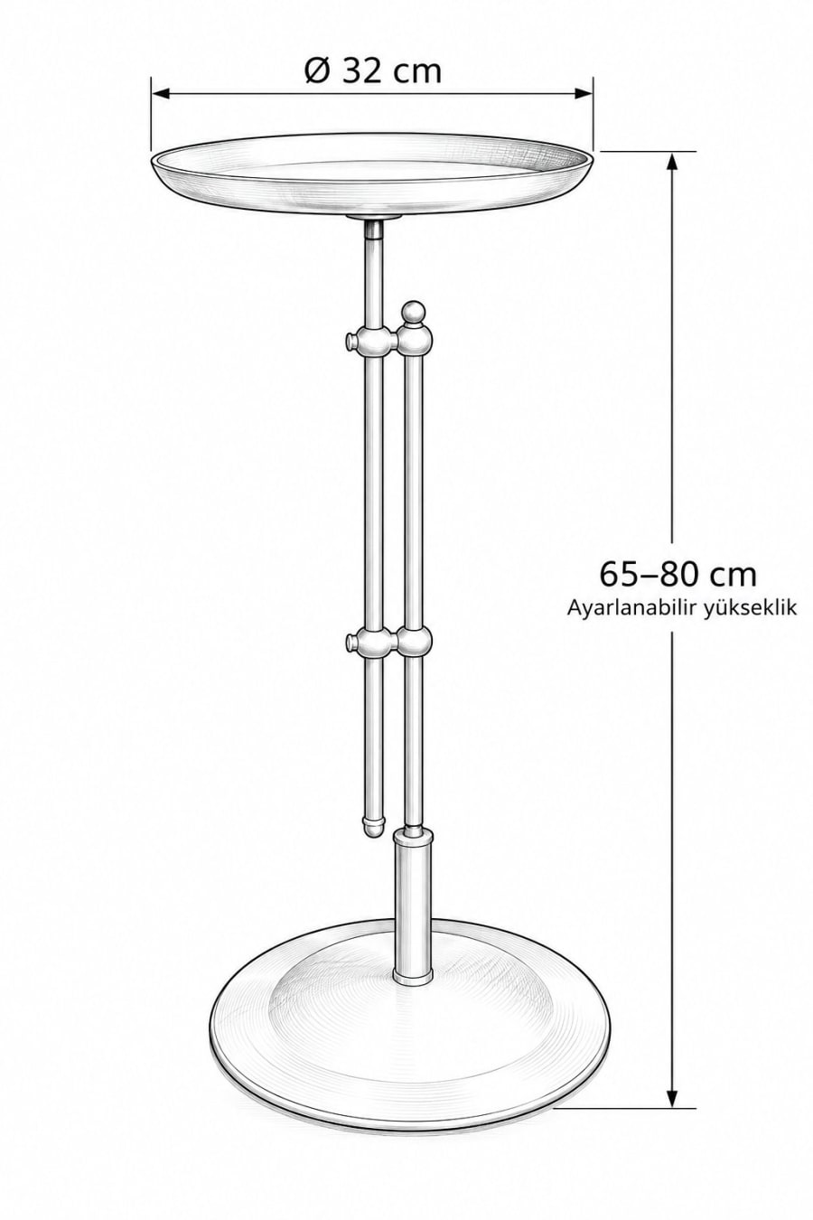 Gold Ayarlanabilir Yan Sehpa – Yuvarlak Tablalı Metal Servis Sehpası Ø32 × 65-80 cm