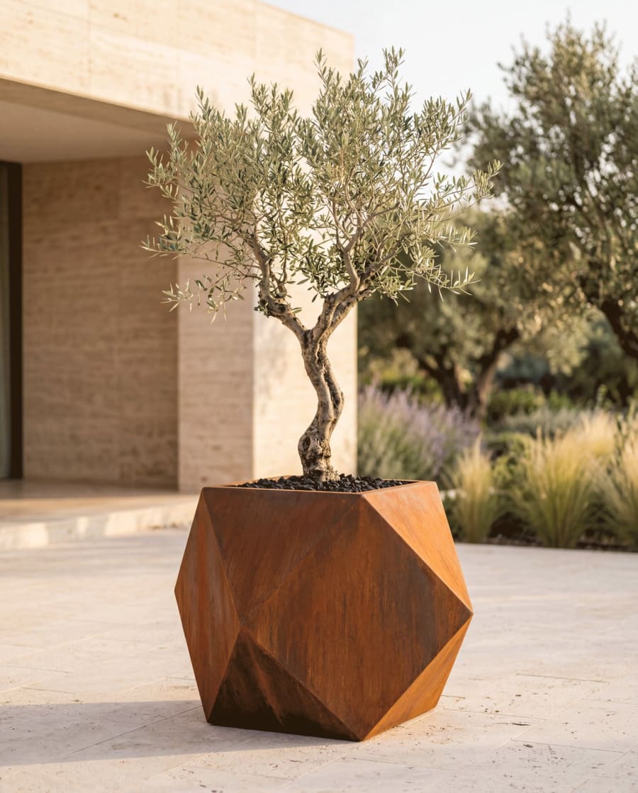 Origami Planter – Folded Metal Outdoor Planter · Corten-Look Oxide