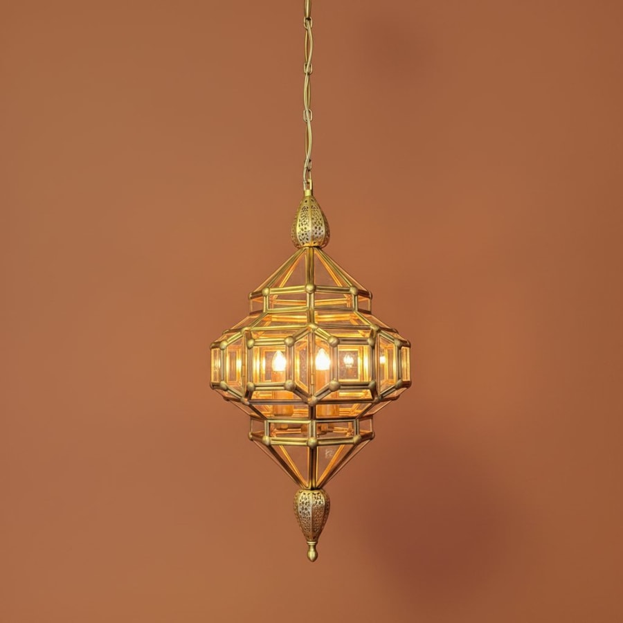 Faceted Glass Diamond Lantern – Brass Cage Moroccan Pendant Ø40 cm