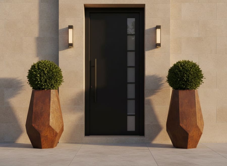 Göktaşı Saksı – Fasetli Geometrik Metal Dış Mekân Ekim Kabı · Corten Görünümlü Oksit