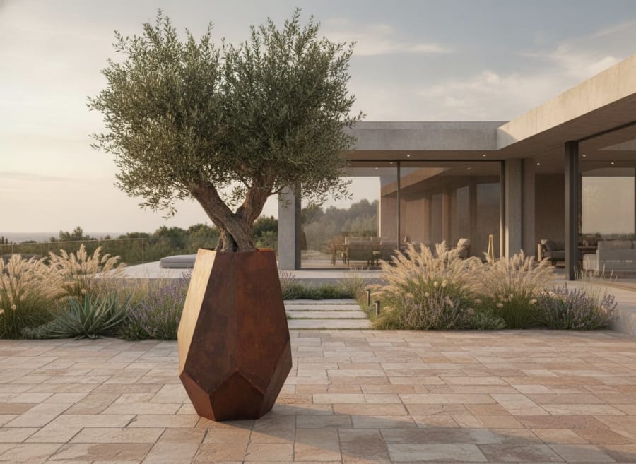 Göktaşı Saksı – Fasetli Geometrik Metal Dış Mekân Ekim Kabı · Corten Görünümlü Oksit