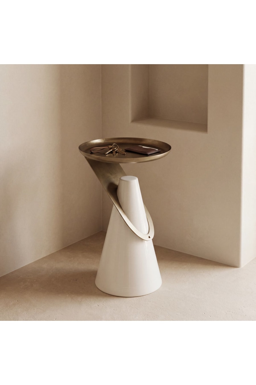 Sculptural Side Table – Antique Brass Top, White Base