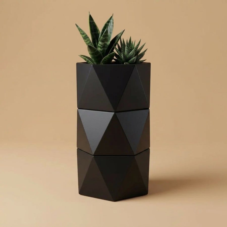 Prisma Planter – Layered Faceted Metal Outdoor Planter · Matte Black