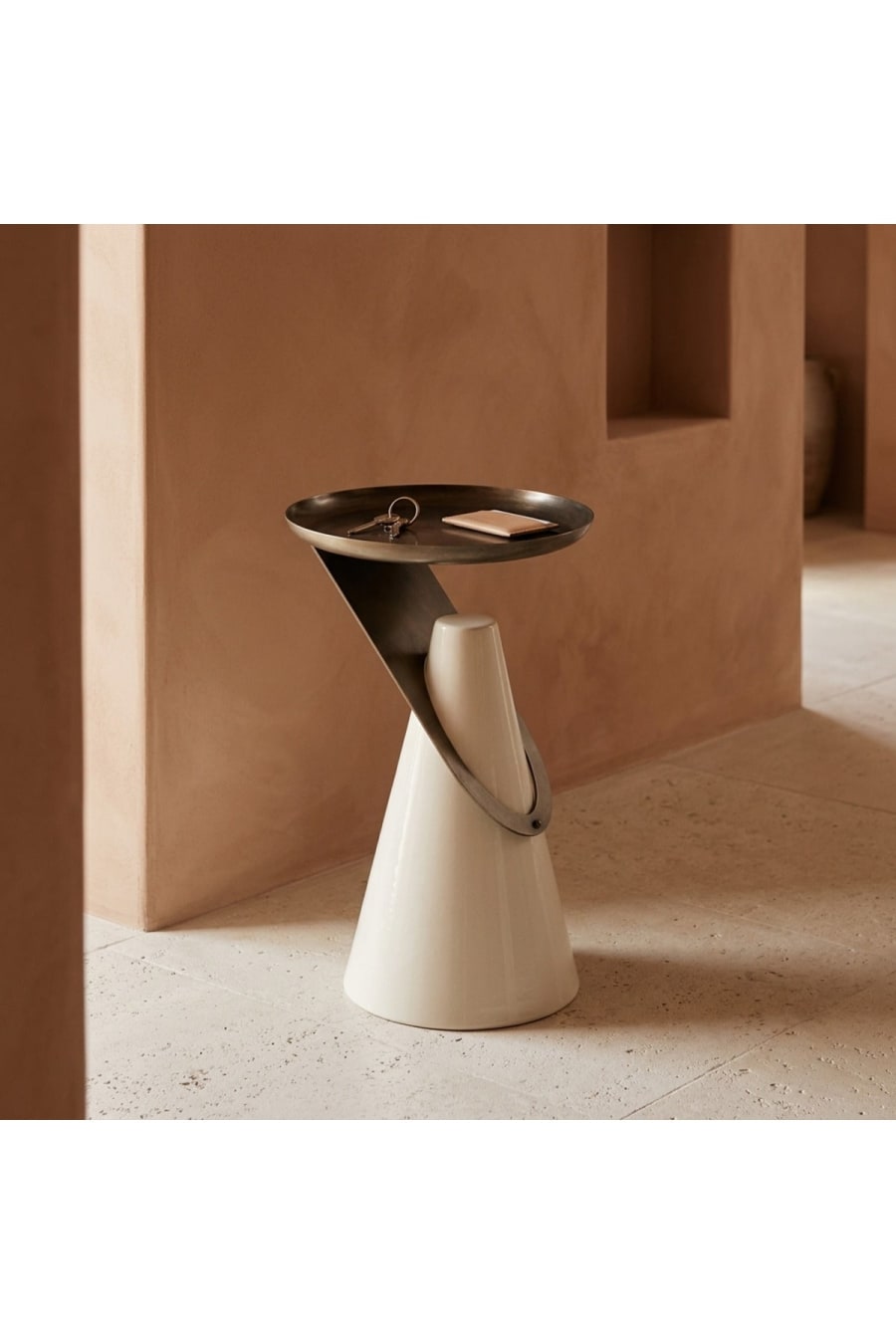 Sculptural Side Table – Antique Brass Top, White Base