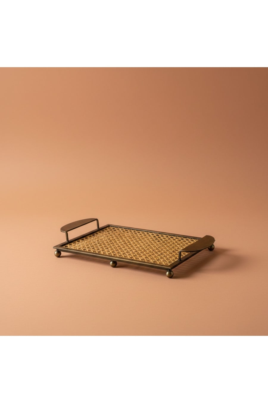 Rattan Weave Serving Tray – Antique Brass Metal Frame