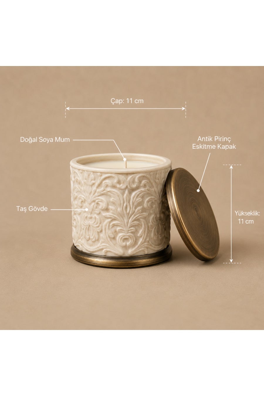 Stone-Look Decorative Candle Holder – Antique Brass Lid