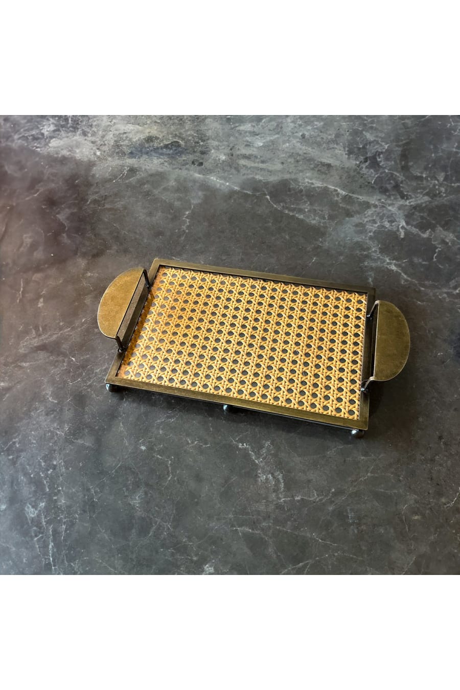 Rattan Weave Serving Tray – Antique Brass Metal Frame