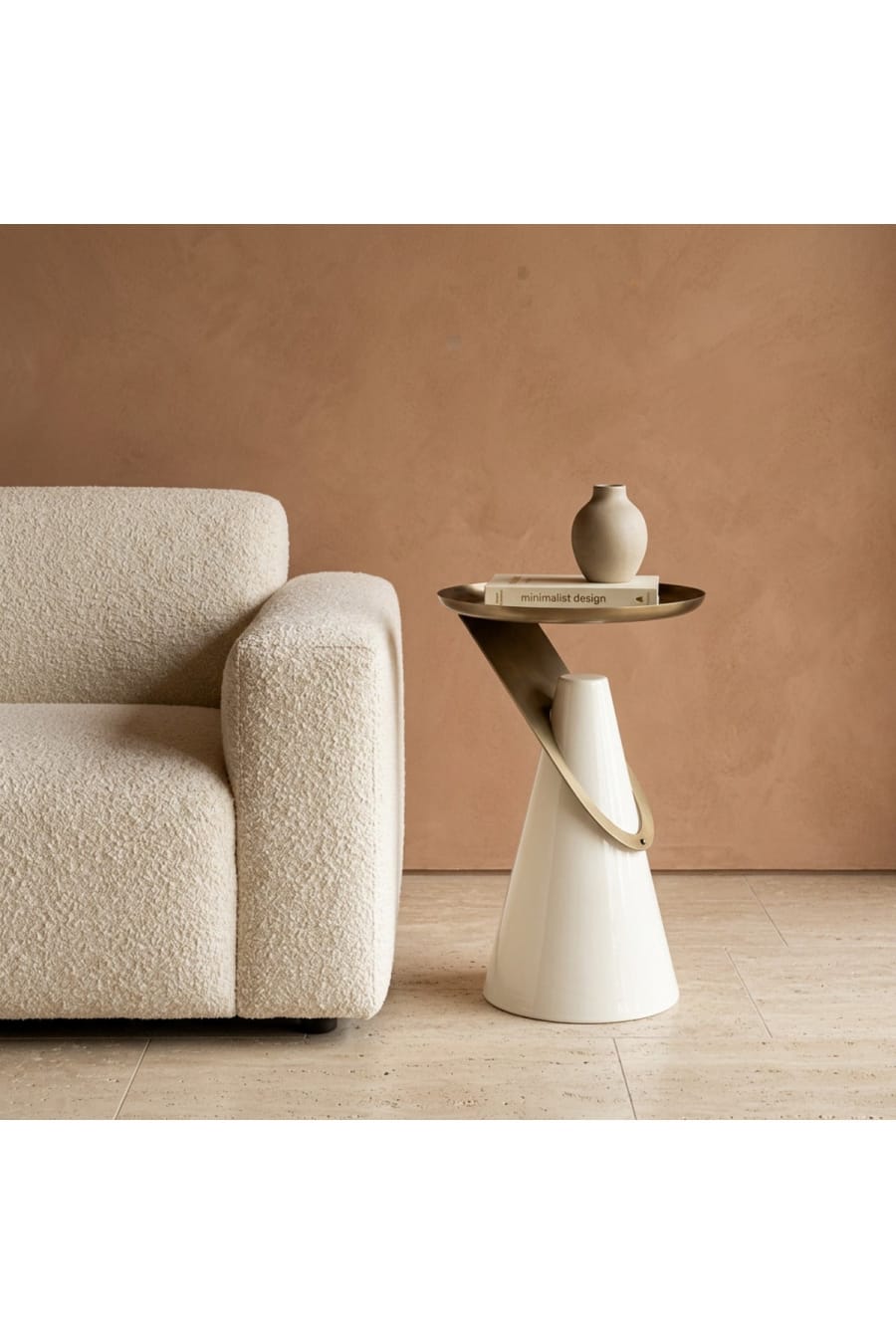 Sculptural Side Table – Antique Brass Top, White Base