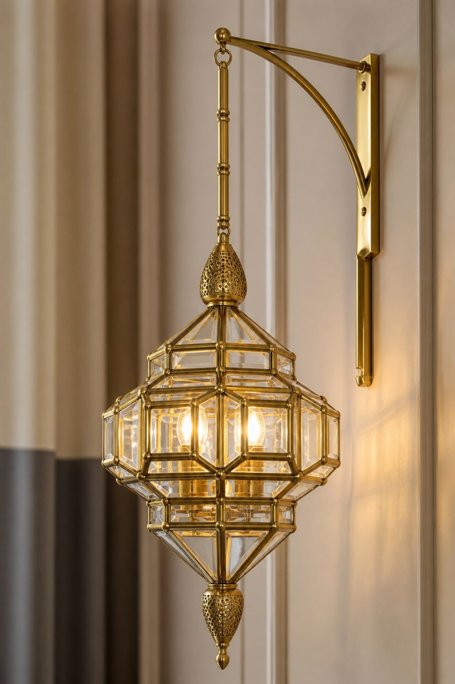 Faceted Glass Diamond Lantern – Brass Cage Moroccan Pendant Ø40 cm