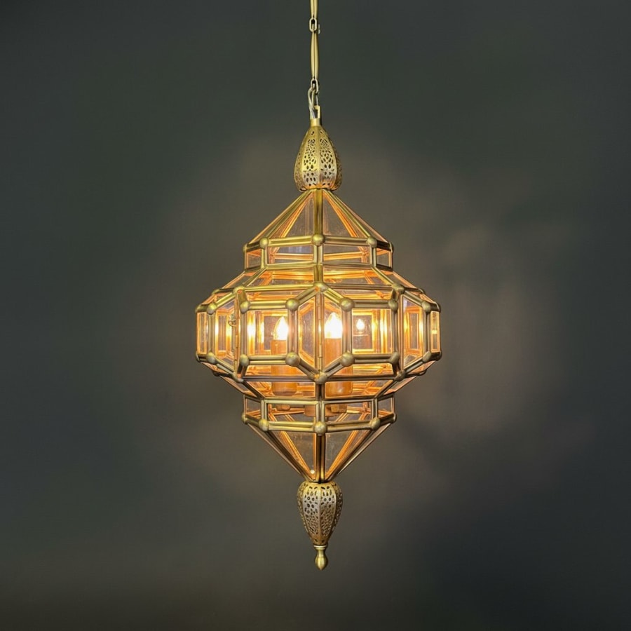 Faceted Glass Diamond Lantern – Brass Cage Moroccan Pendant Ø40 cm