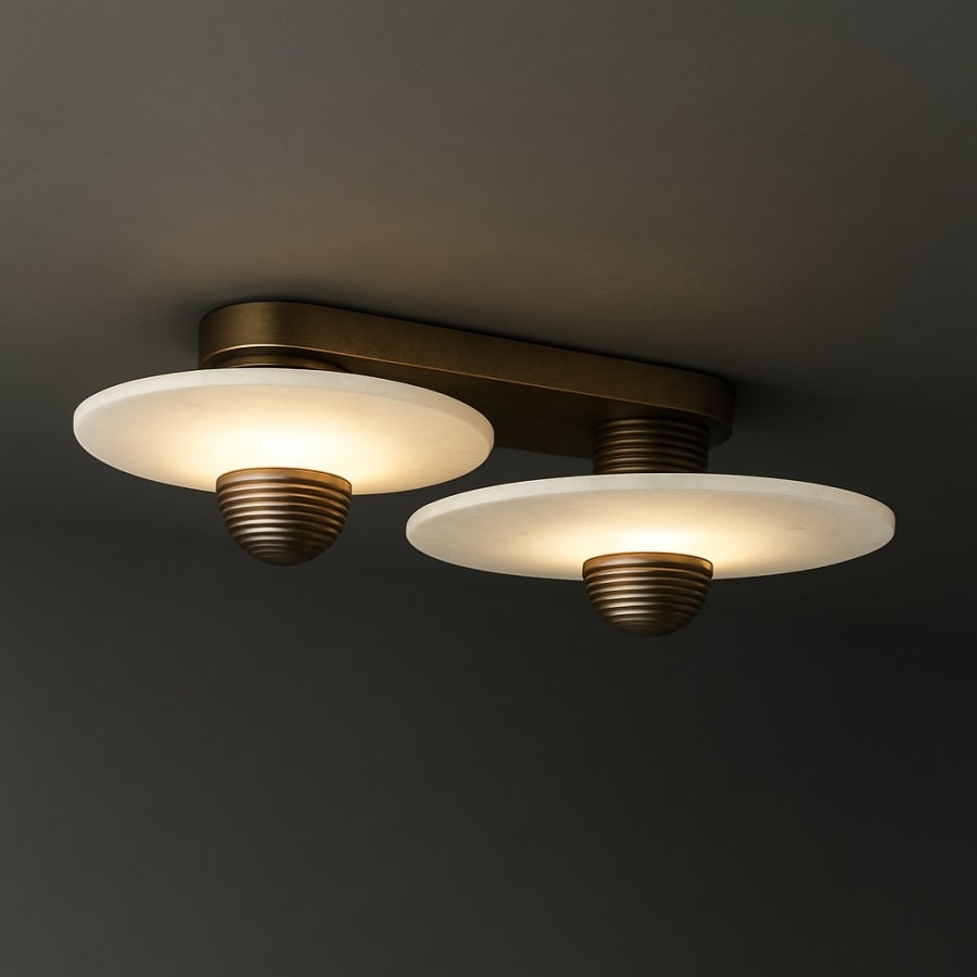 Twin Disc Flush Mount Ceiling Light – Plexiglass Discs, Antique Brass