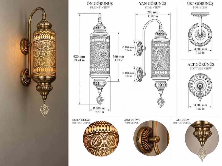 Endülüs Aplik – Kavisli Kollu Dantel Perfore Pirinç Fener