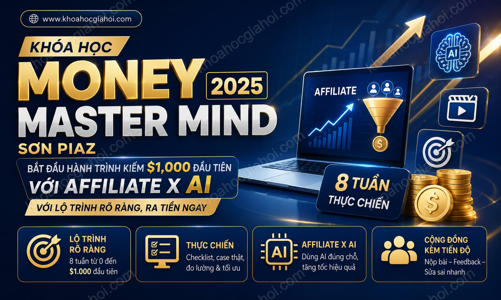 Khóa Học Money Master Mind 2025 Sơn Piaz – Bắt Đầu Hành Trình Kiếm $1,000 Đầu Tiên Với Affiliate X AI Với Lộ Trình Rõ Ràng, Ra Tiền Ngay