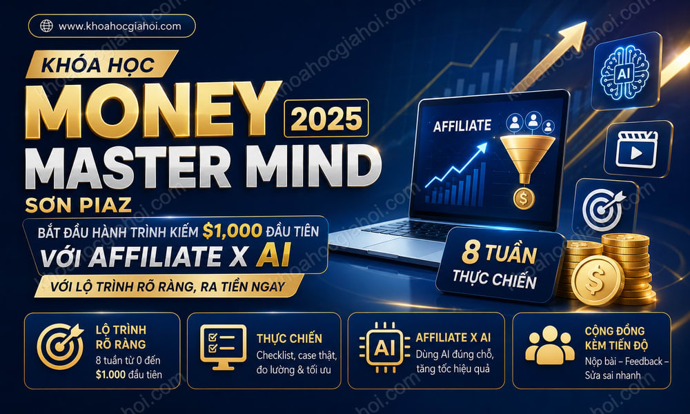 Khóa Học Money Master Mind 2025 Sơn Piaz – Bắt Đầu Hành Trình Kiếm $1,000 Đầu Tiên Với Affiliate X AI Với Lộ Trình Rõ Ràng, Ra Tiền Ngay