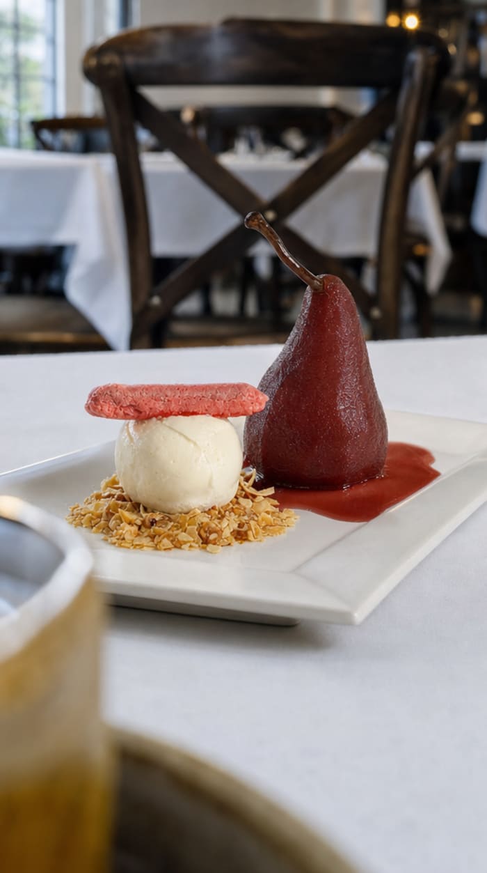 Poached pear, studio output, with the wine