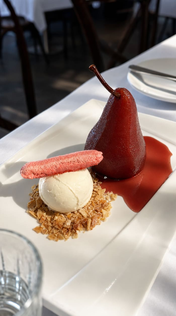 Poached pear, studio output, top down