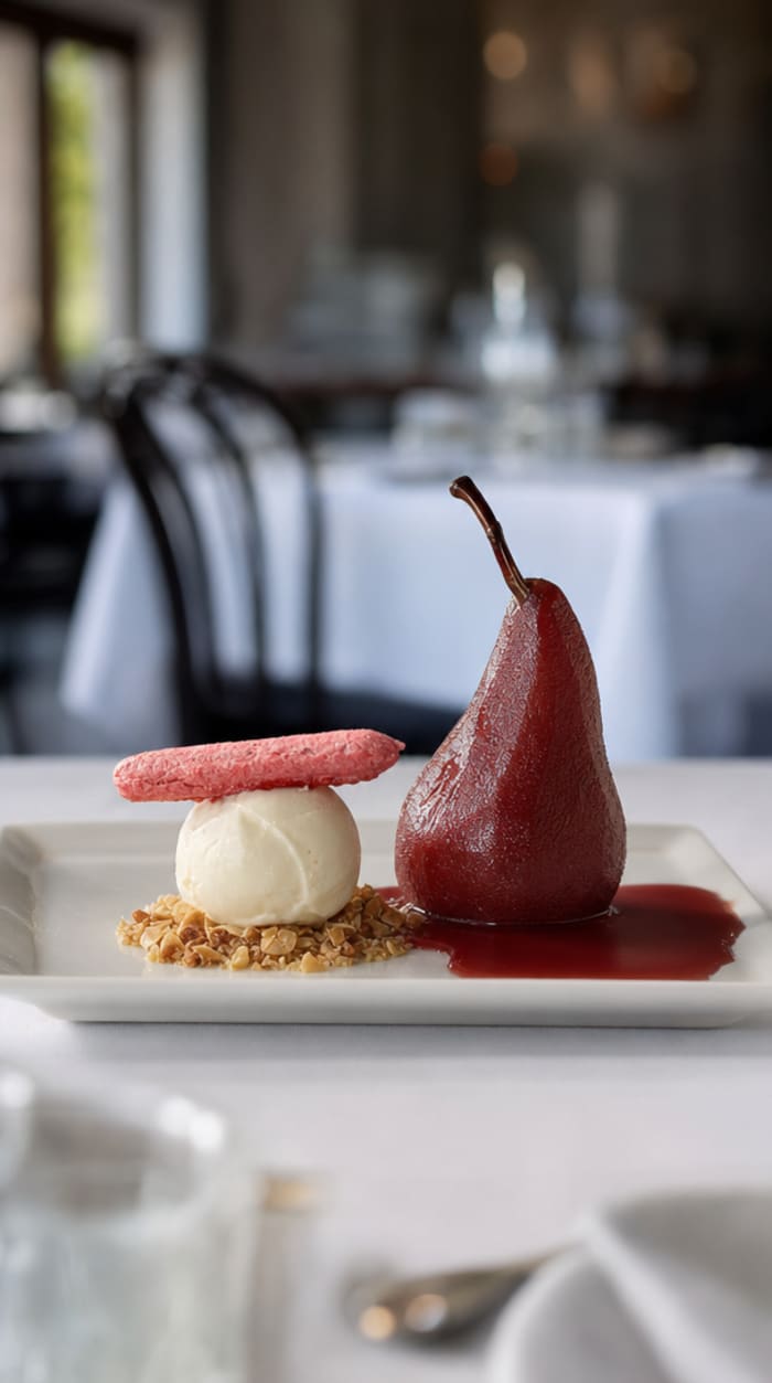 Poached pear, studio output, in the hand