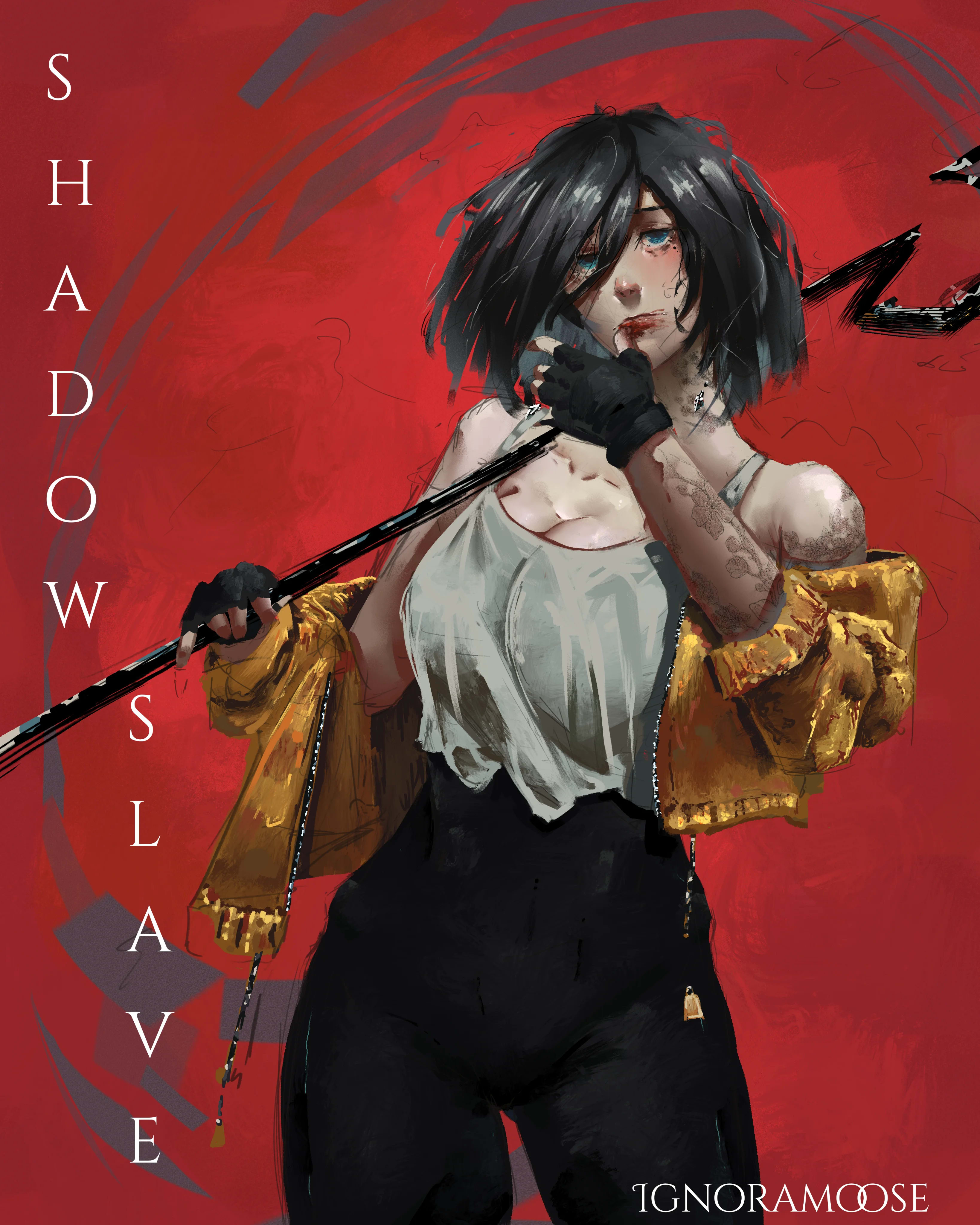 Illustration of Jet holding a black scythe wearing modern clothes, with a red background.
