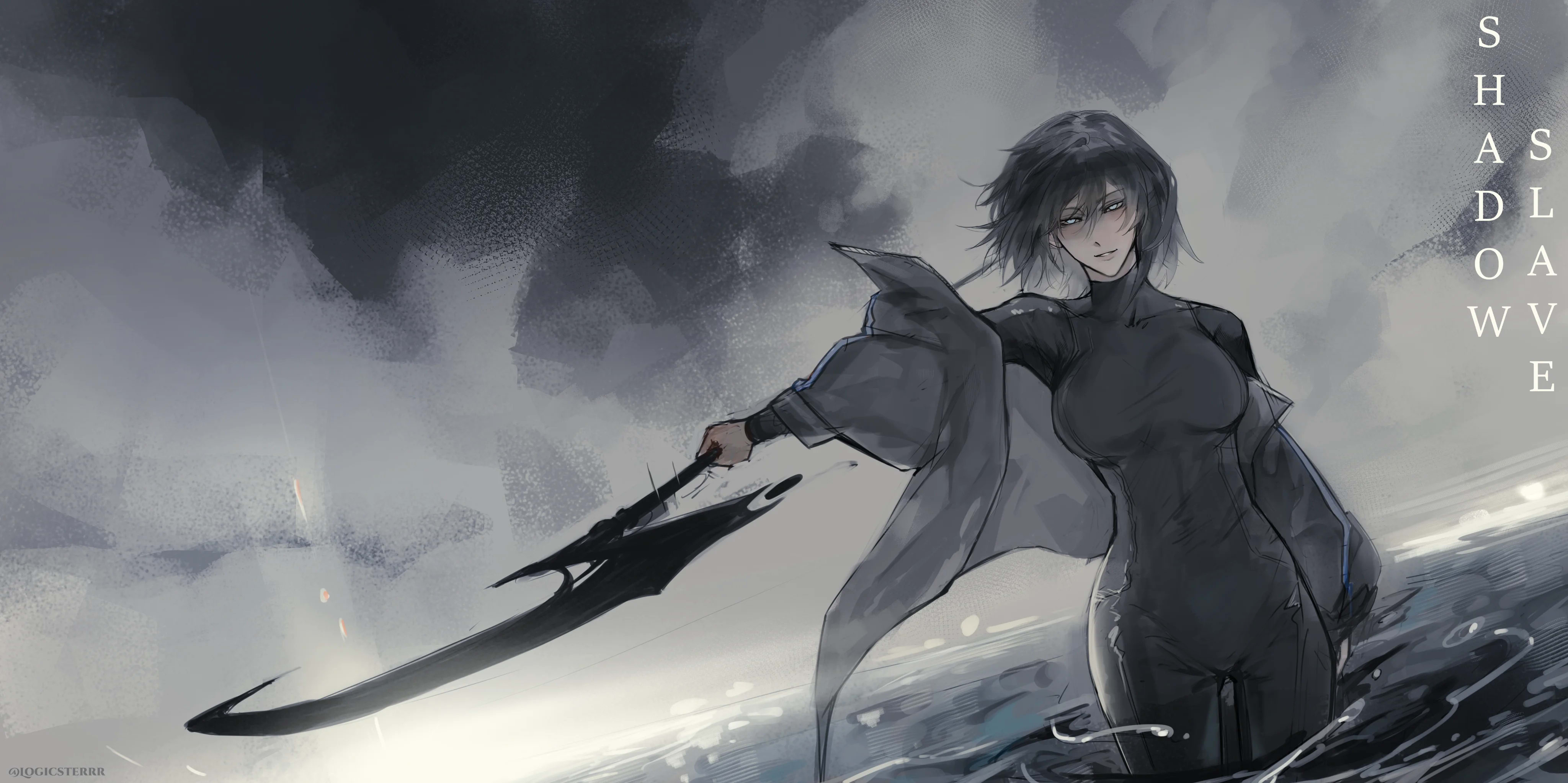 Illustration of Jet standing in a body of water holding a black scythe, her arm outstretched..