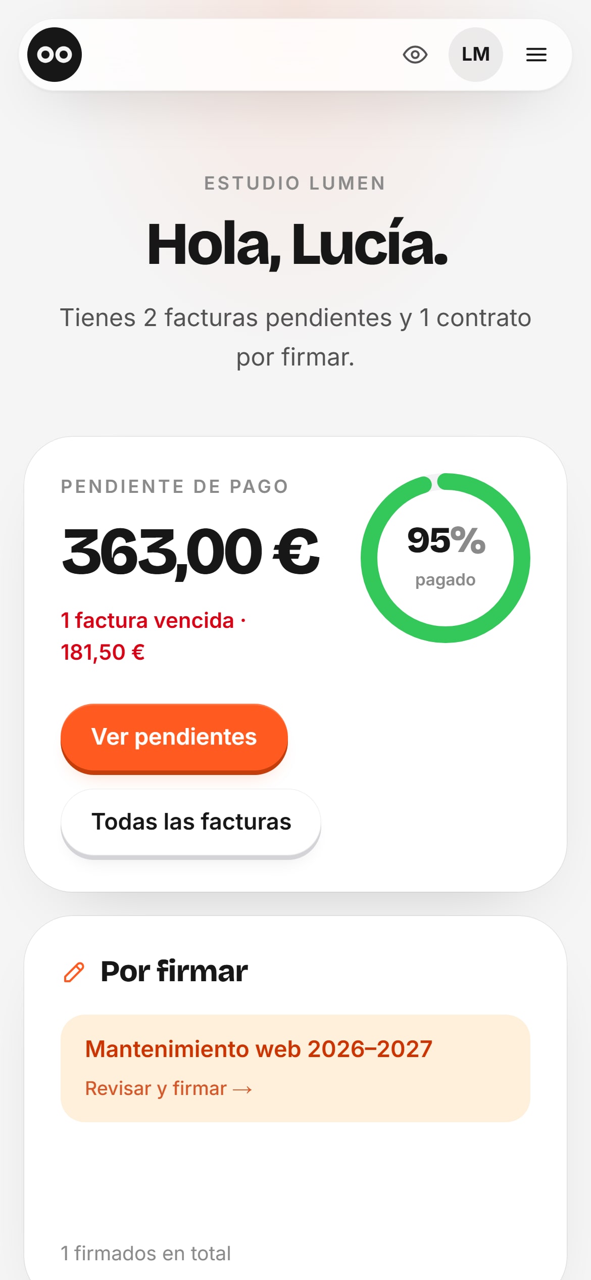 Portal de clientes en móvil, pantalla 1