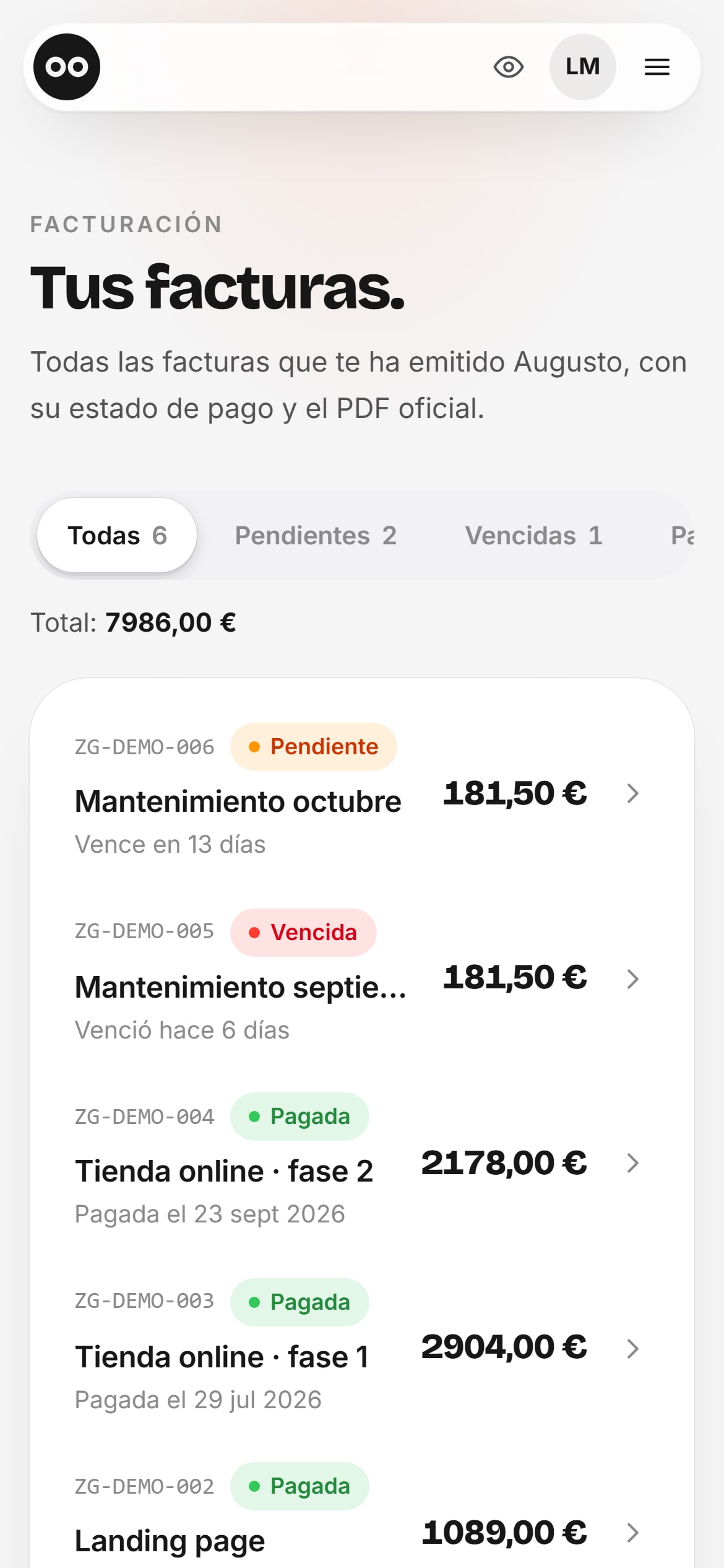 Portal de clientes en móvil, pantalla 2