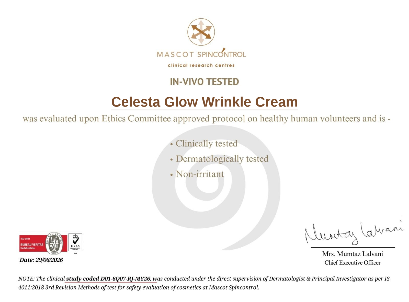 Lab report for Celesta Glow Wrinkle Cream