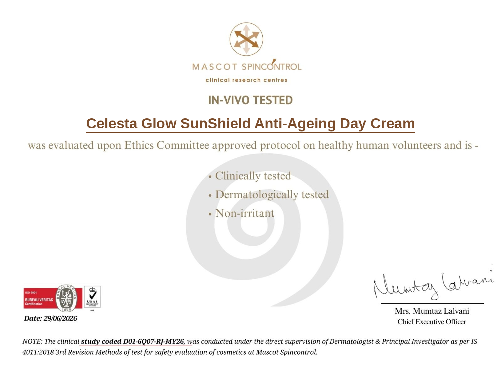 Celesta Glow SunShield Anti-Ageing Day Cream lab certificate