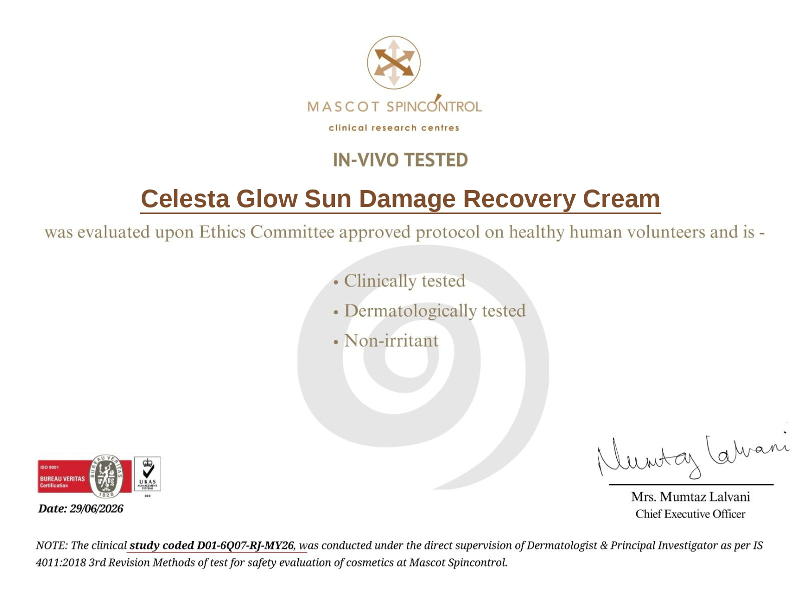 Celesta Glow Sun Damage Recovery Cream lab certificate