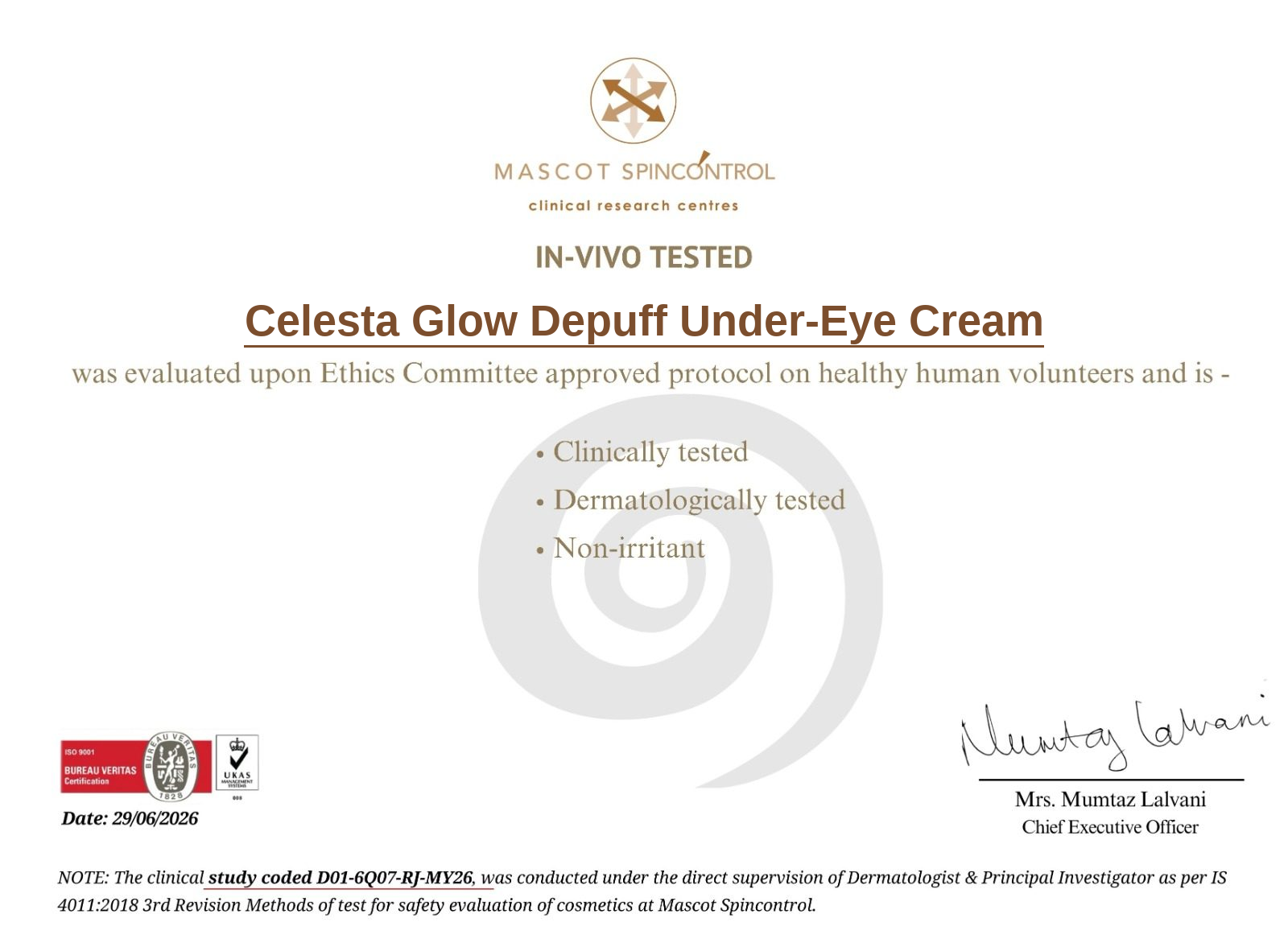 Celesta Glow Depuff Under-Eye Cream lab certificate