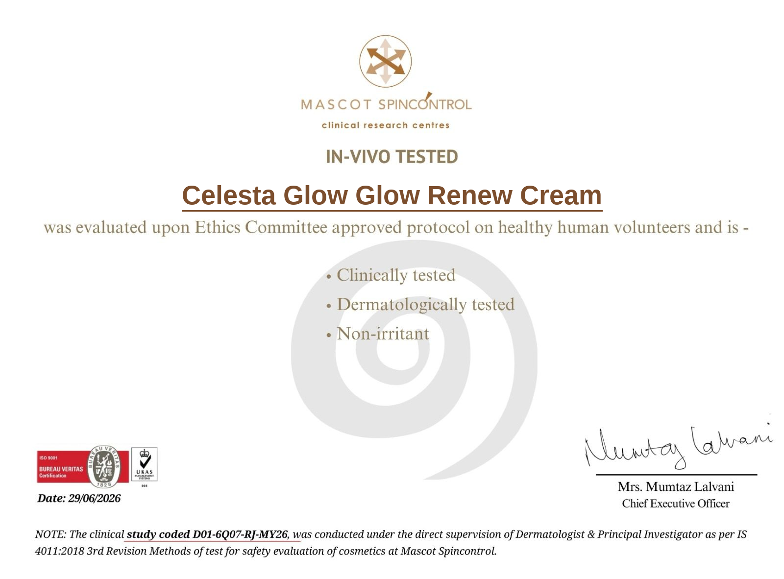 Celesta Glow Glow Renew Cream lab certificate