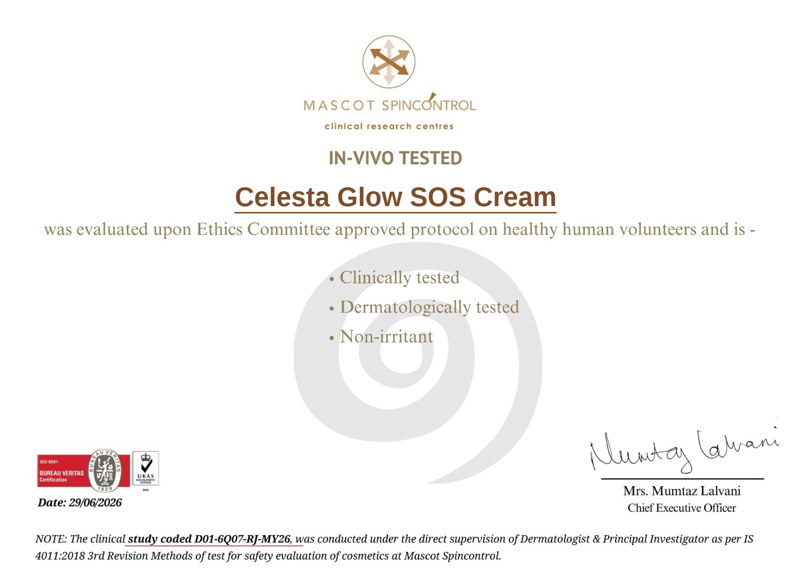 Celesta Glow SOS Cream lab certificate