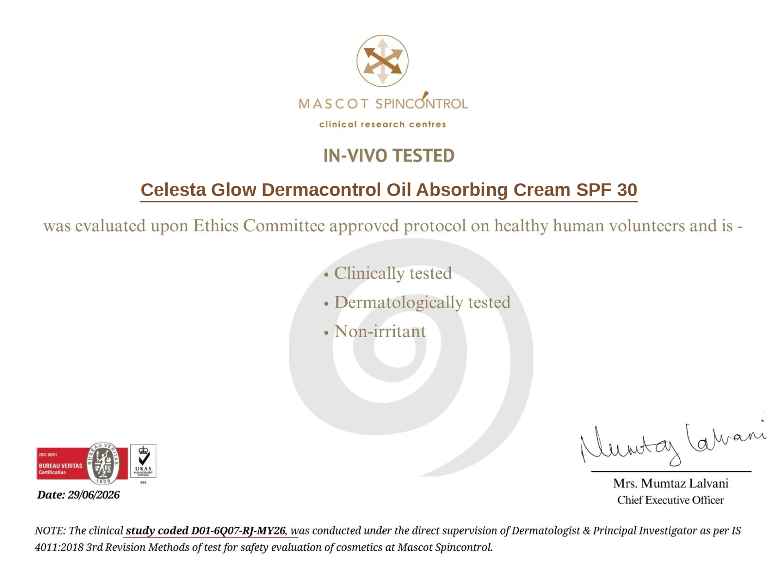 Celesta Glow Dermacontrol Oil Absorbing Cream SPF 30 lab certificate