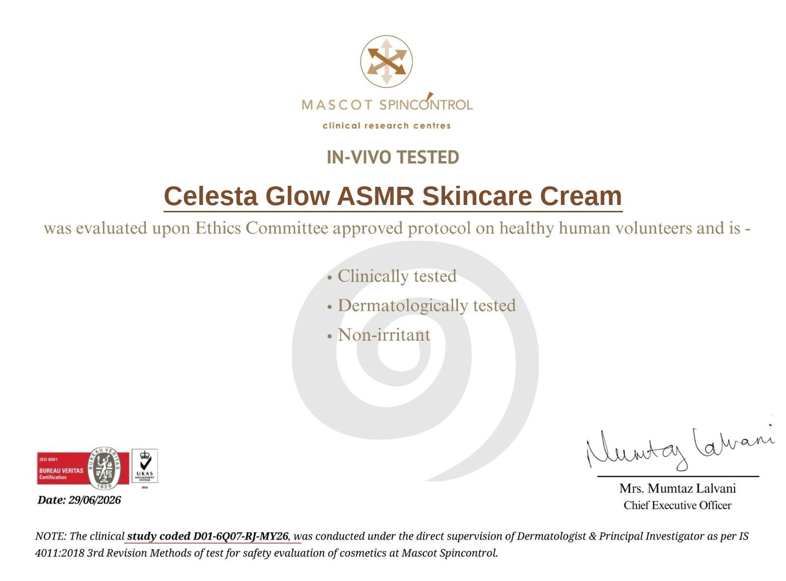 Celesta Glow ASMR Skincare Cream lab certificate
