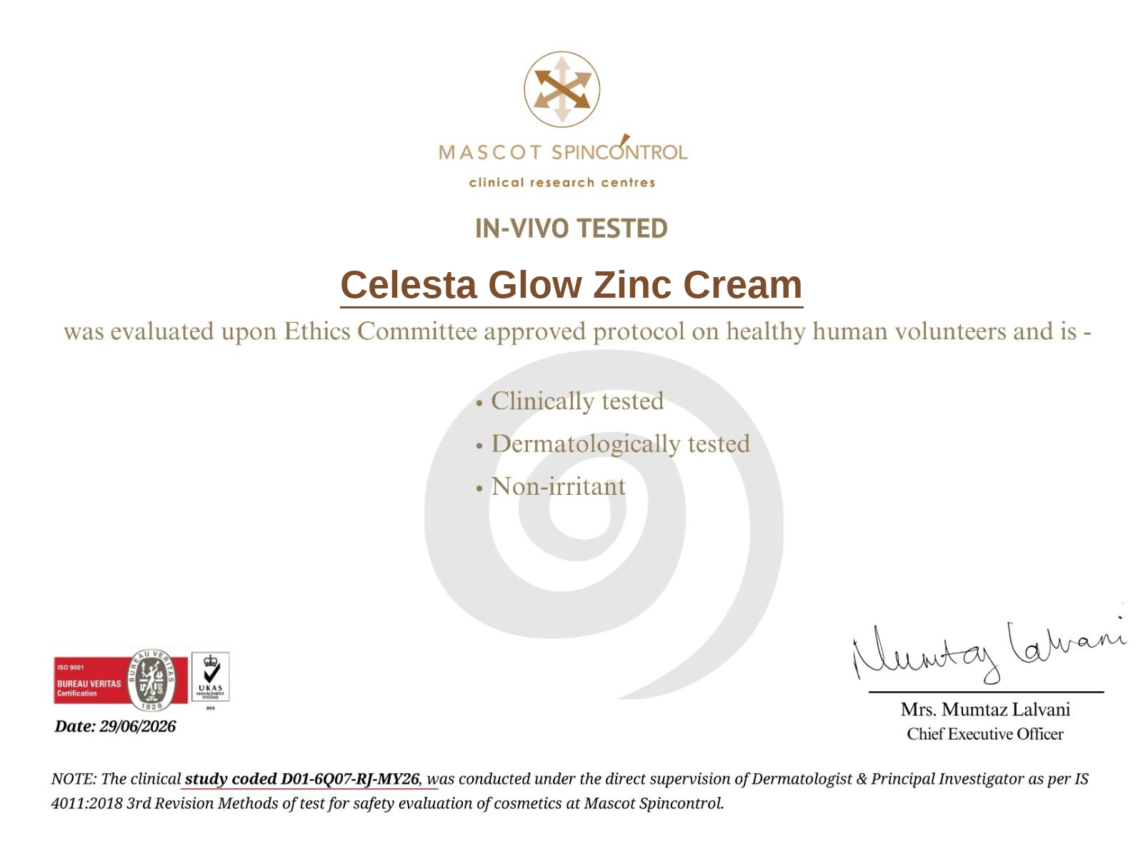 Celesta Glow Zinc Cream lab certificate