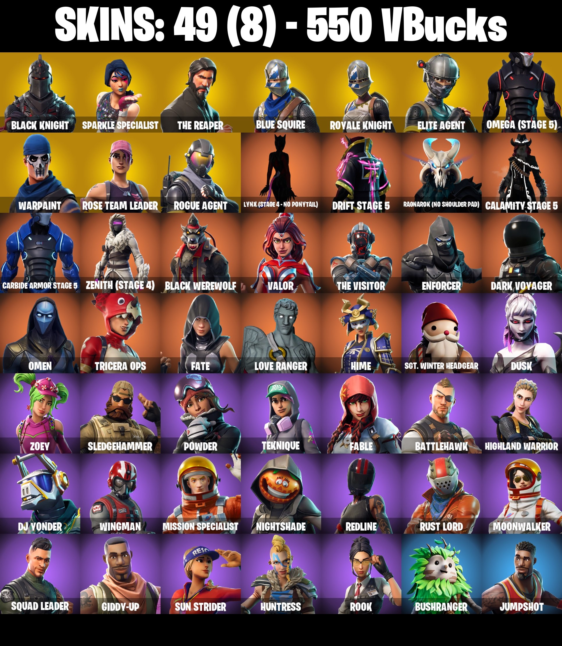 Fortnite Account ( PC / PSN / XBOX / NINTENDO ) (BLACK KNIGHT, THE REAPER, OG STW, OMEGA STAGE 5) (49 Skins)