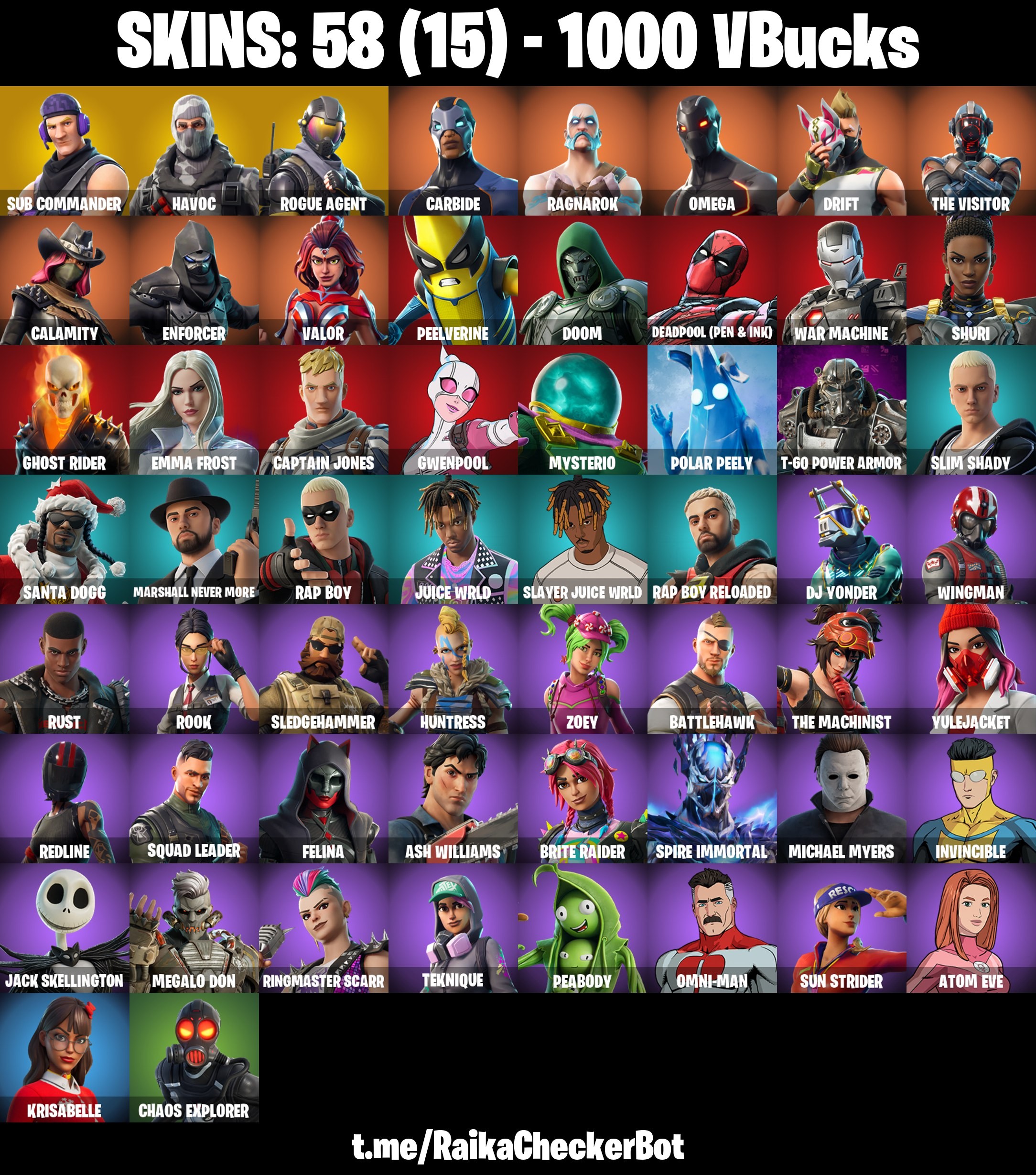 Fortnite Account ( PC / PSN / XBOX / NINTENDO ) (SUB COMMANDER, HAVOC, JUICE WRLD, OMEGA) (58 Skins) Fortnite Account ( PC / PSN / XBOX / NINTENDO ) (SUB COMMANDER, HAVOC, JUICE WRLD, OMEGA) (58 Skins)