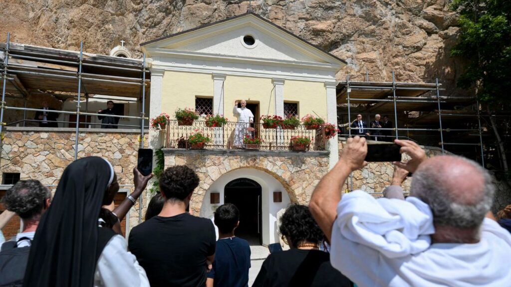 Pope Leo XIV greets the faithful present at the Sanctuary of the Most Holy Trinity at Vallepietra in Italy on July 22, 2026. | Credit: Vatican Media