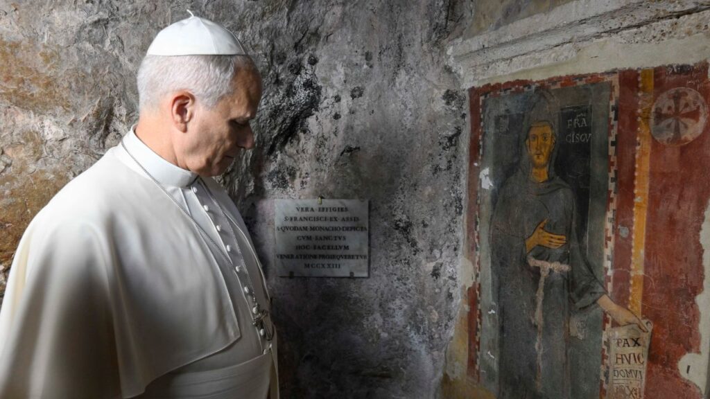 Pope Leo XIV stands before the oldest-known fresco of St. Francis of Assisi at St. Benedict Abbey in Subiaco, Italy, on July 22, 2026. | Credit: Vatican Media