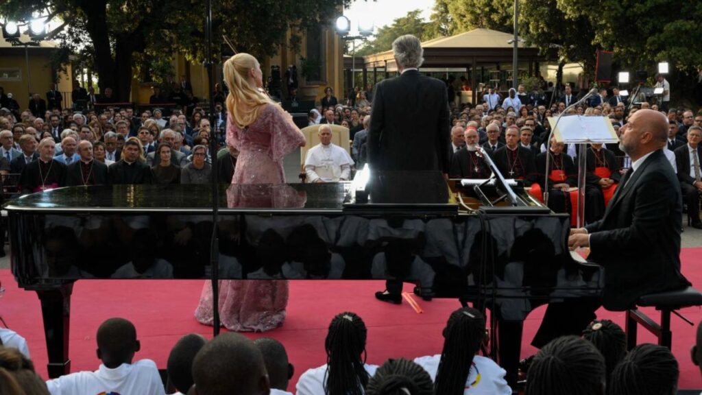 Andrea Bocelli performs at the “Canticle of Peace” before Pope Leo XIV and the young people gathered at the Borgo Laudato Si’ in Castel Gandolfo, Italy, on July 29, 2026. | Credit: Vatican Media