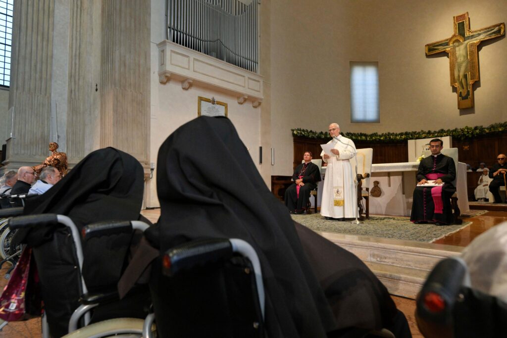 Pope Leo XIV speaks at Rimini Cathedral, Aug. 22, 2026, during a meeting with people suffering from illnesses and disabilities. | Credit: Vatican Media