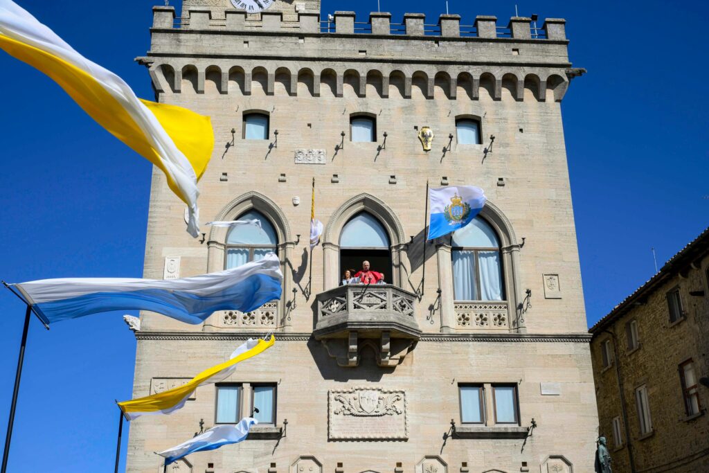 Pope Leo XIV greets pilgrims in the Piazza della Libertà in San Marino, Aug. 22, 2026. | Credit: Vatican Media