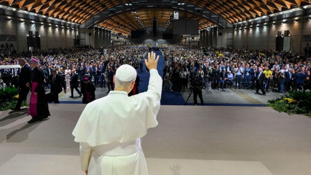 Pope Leo XIV greets the 47th Meeting for Friendship among the Peoples in Rimini, Italy, Aug. 22, 2026. | Credit: Vatican Media