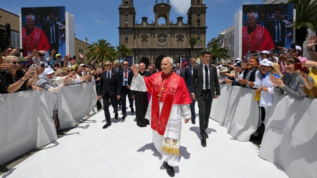 Pope Leo XIV waves during a visit to Santa Ana Cathedral in Las Palmas de Gran Canaria, Spain, on June 11, 2026. | Credit: Vatican Media