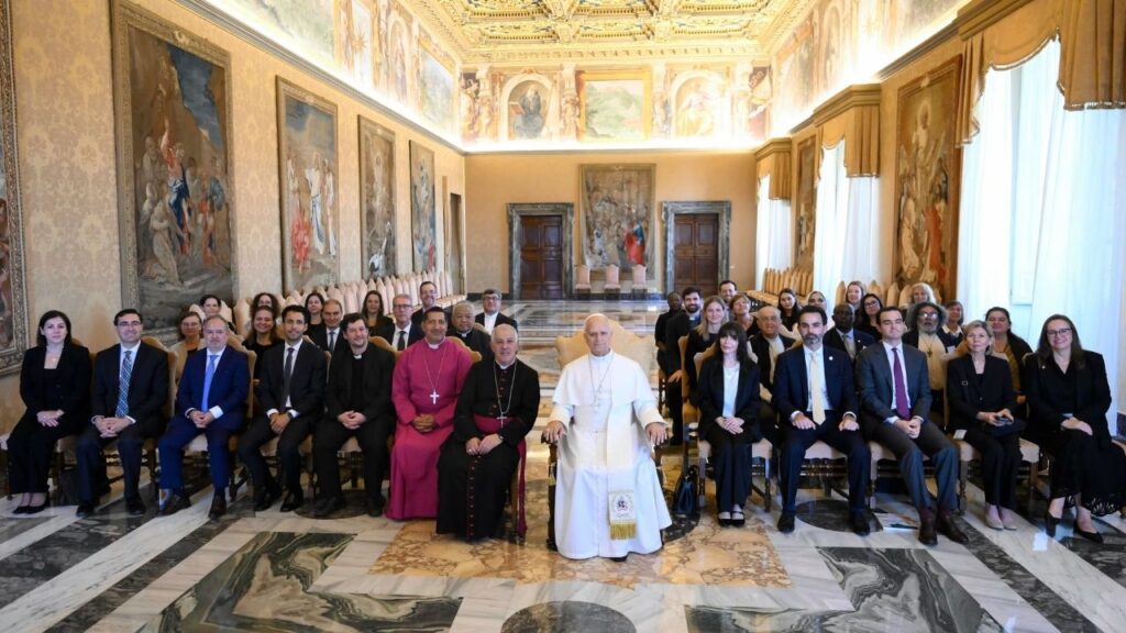 A group photo with Pope Leo XIV and participants on drug addiction, promoted by the Pontifical Commission for Latin America (CAL), after their private audience at the Apostolic Palace at the Vatican on Aug. 27, 2026. | Credit: Vatican Media