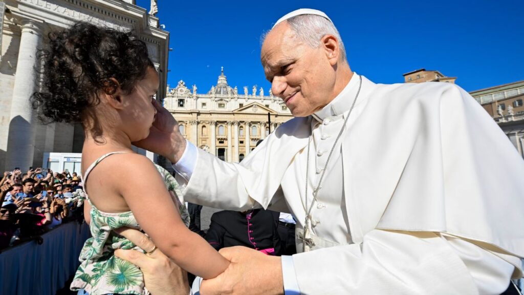 Pope Leo XIV blesses a young girl at the start of his weekly general audience in St. Peter’s Square on Sept. 2, 2026. | Credit: Vatican Media