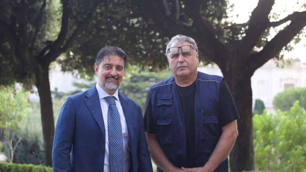Stefano Giampaolo, left, head of the Gardens and Environment Service of Vatican City, and expert gardener Gilberto Bianchi, right, the main caretaker of the orchard and vegetable garden commonly known as “the pope’s garden,” share their expertise with EWTN News in the Vatican Gardens on Sept. 9, 2026. | Credit: Hannah Brockhaus/EWTN News