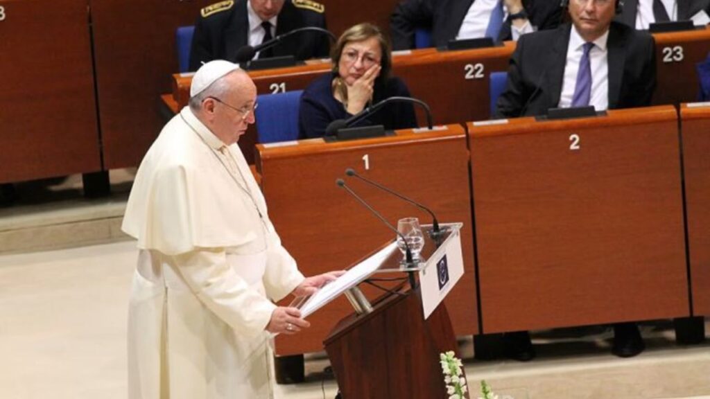 Pope Francis addresses the Council of Europe in Strasbourg, France, on Nov. 25, 2014. | Credit: Alan Holdren/CNA